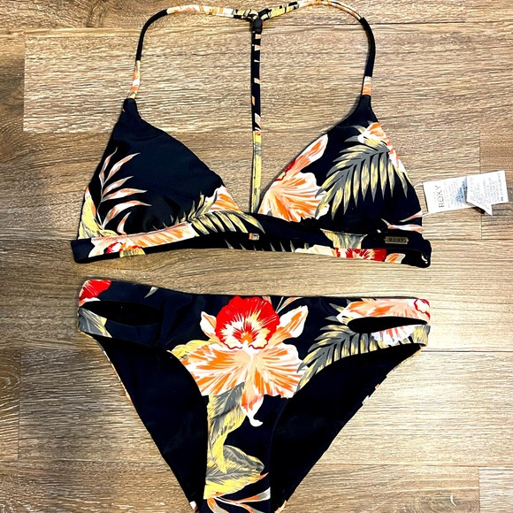 Roxy Other - Roxy Black Floral Bikini Set with Yellow, Orange and Red Accents